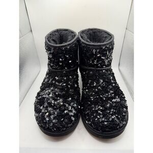 UGG Classic Mini Sequin Black Boots Womens 6 Ankle Bootie 1112474 Sparkle